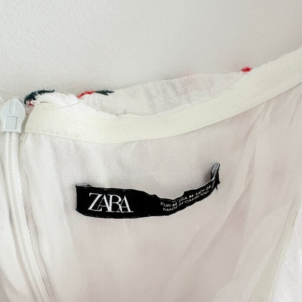 Zara Cherry Puff Sleeve Ruched Mini Dress White Red Size Medium - Picture 8 of 11